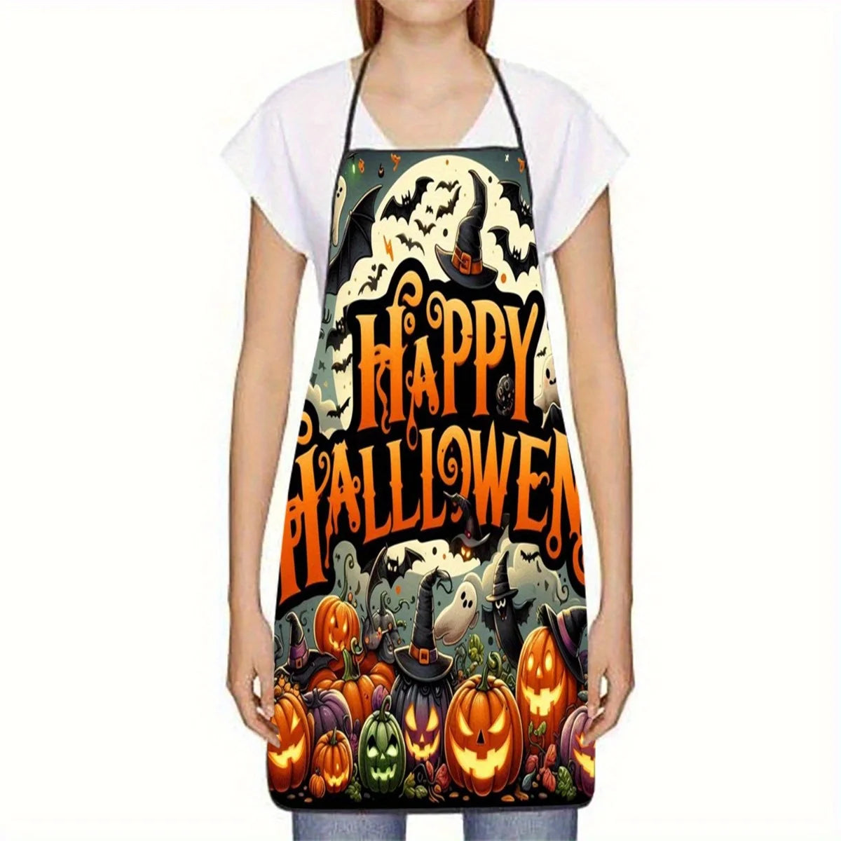 Halloween Apron – Pumpkins, Bats & Witch Hat Print
